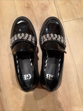 Black Patent Loafers with Crystal Chain Detail